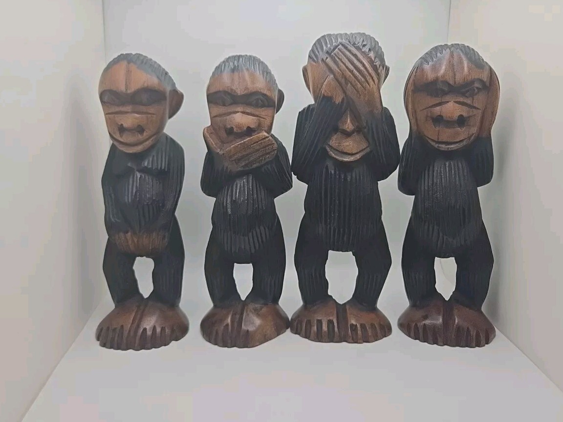 African hand Carved 4 Wise Old Monkeys Set 