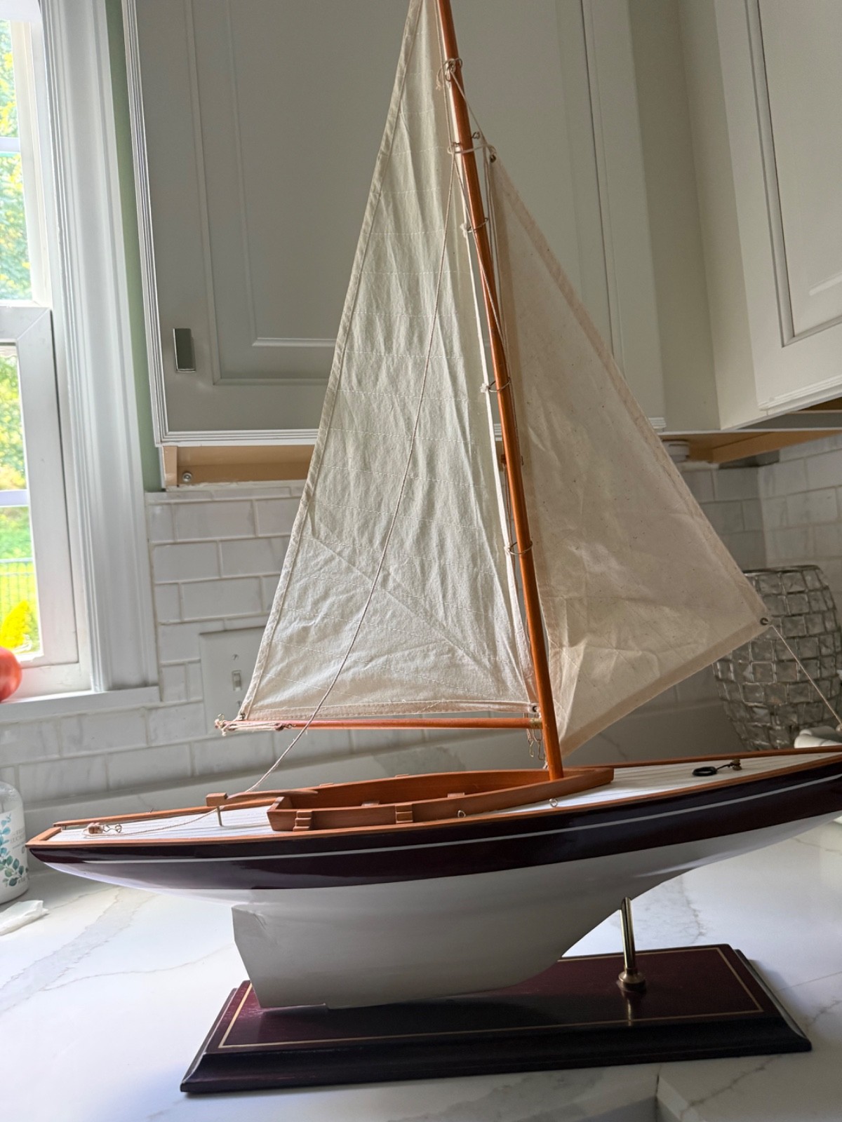 Wooden Sailboat Model. 34” x. 24” in length. Needs a new more knowledgeable o