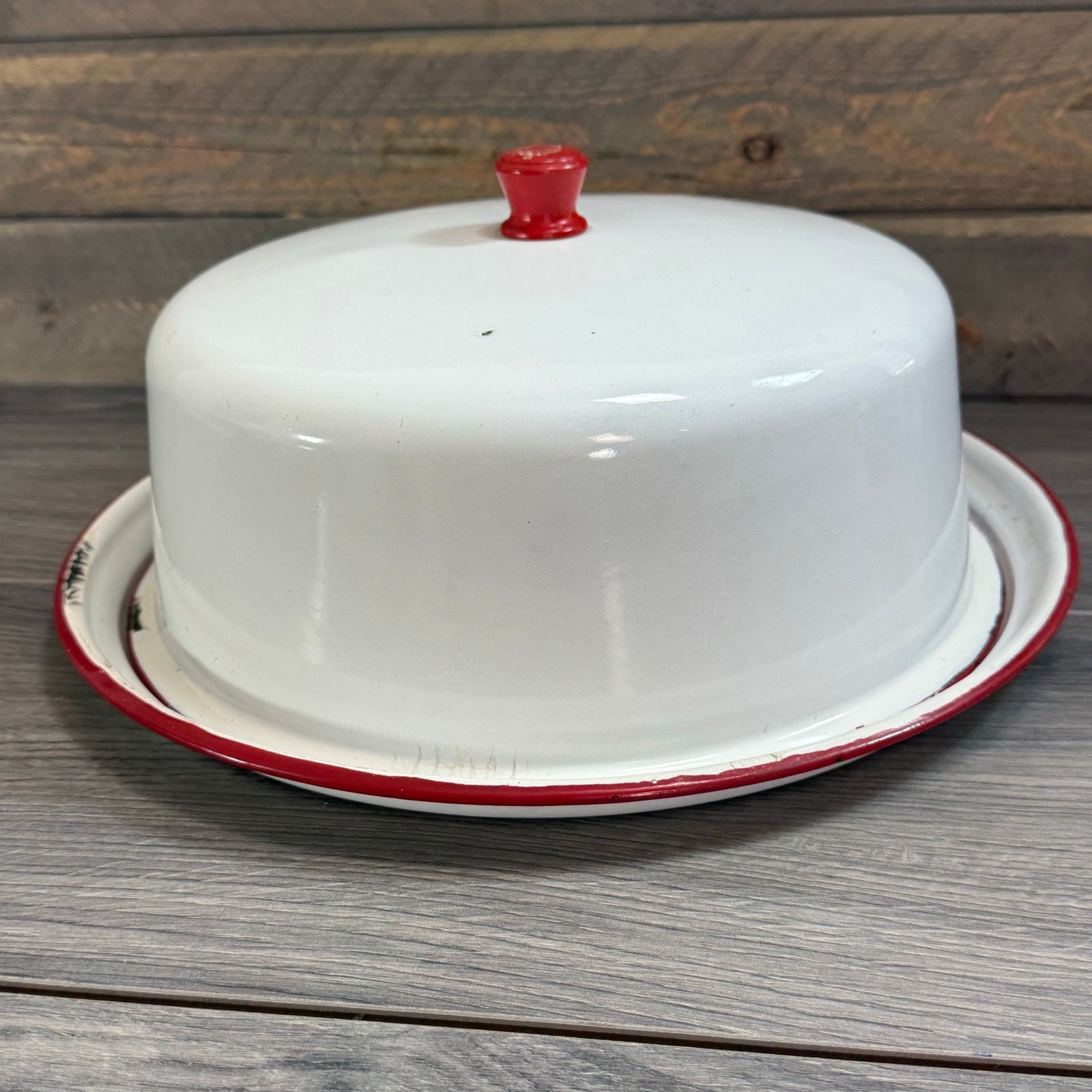 Vtg 1940s Red White Enamelware Covered Cake Plate Farmhouse Country Rustic