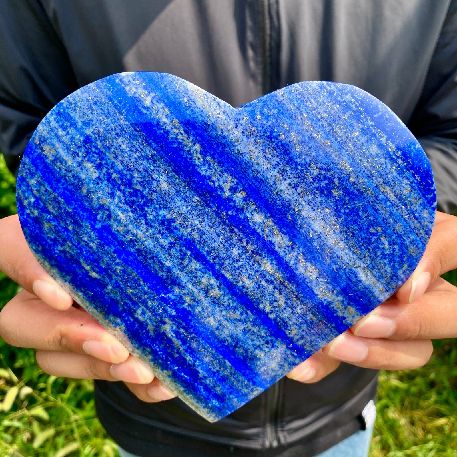 1.7LB  Blue Lapis Lazuli Heart Gemstone Palm Stone Meditation Energy Crystal Orn