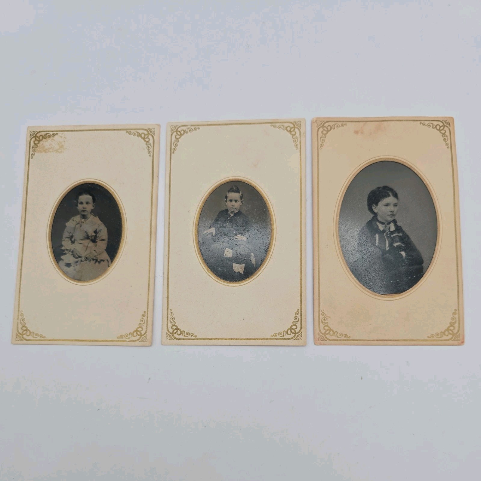 (x3) Smiling Young Children Tintype Photo 1870 Antique Named 1/9 Plate Boy Girl 