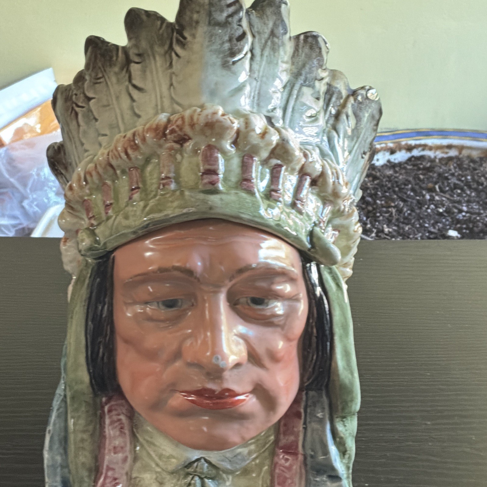 Antique or vintage ceramic Indian chief figural tobacco jar or humidor