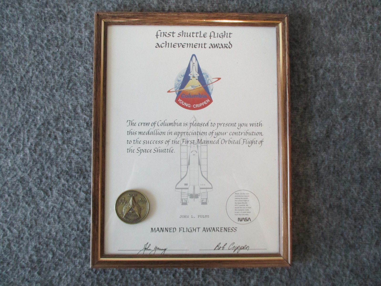 NASA MSFC SPACE SHUTTLE COLUMBIA STS-1 FLOWN COIN w/CERTIFICATE