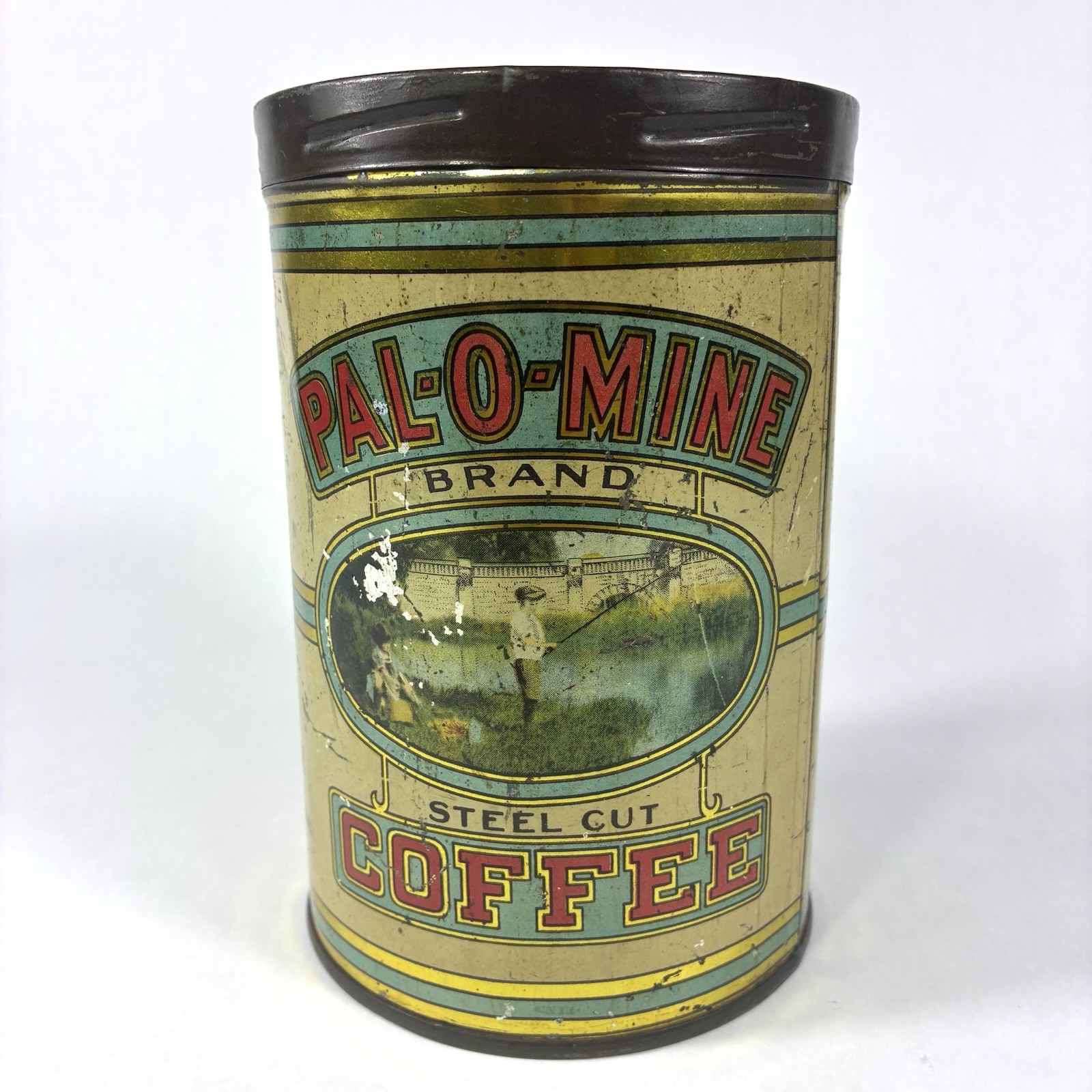 Vintage Pal-O-Mine 1 lb Coffee Tin Can McAtee Newell Bloomington IL Miller Park
