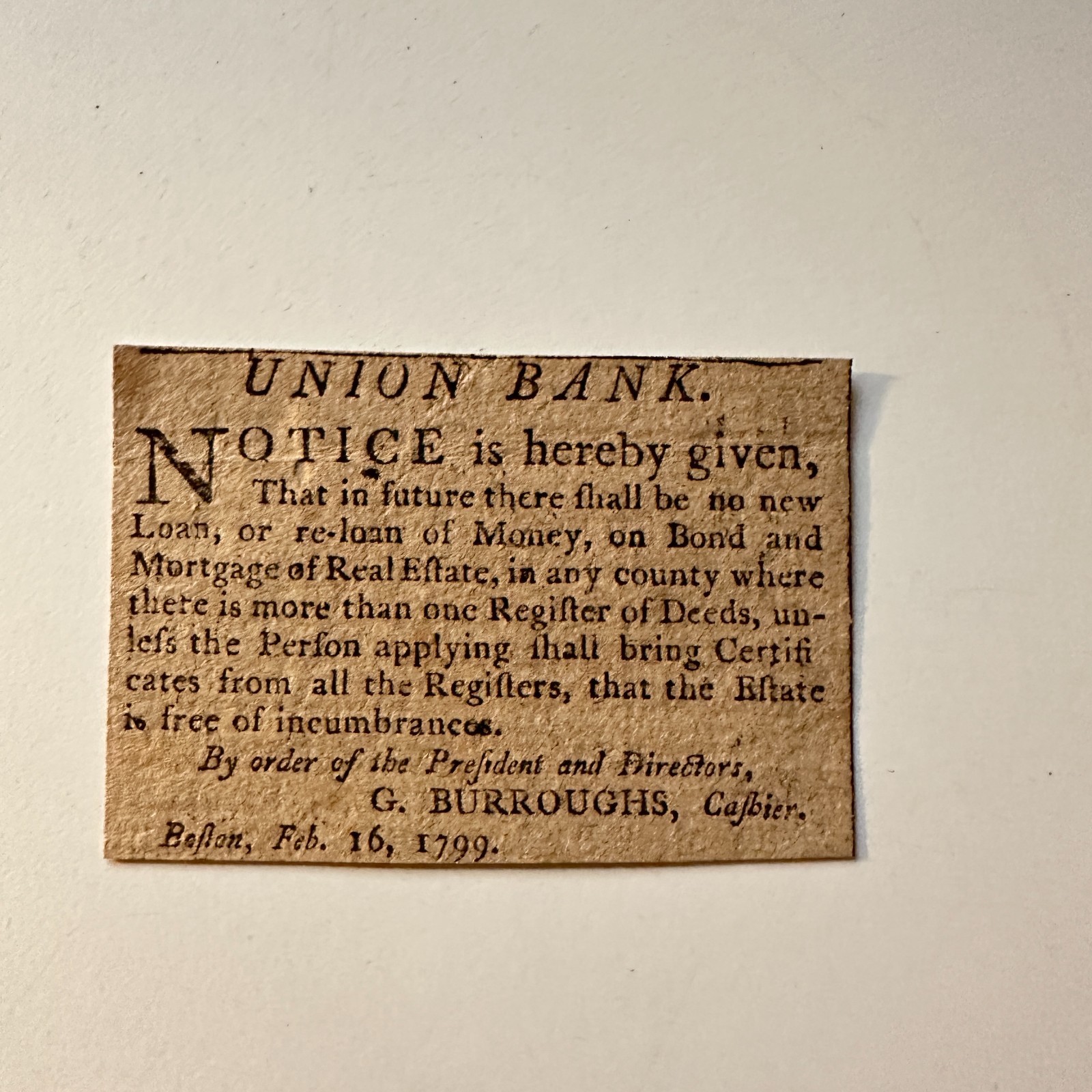 Union Bank No New Loan Or Re-Loan 1799 G Burroughs Boston 1799 Clipping 5AK9-S6