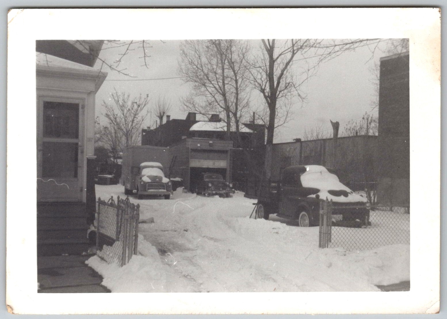 Vtg B&W Snapshot Winter Snow Yard Trucks Garage Auto Repair House 1940s