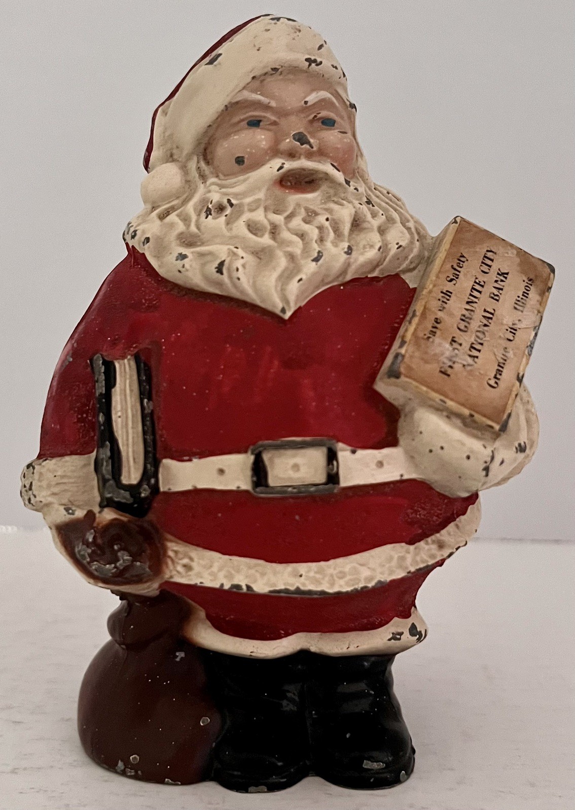 Rare antique Santa Claus First Granite City National ILL white metal still bank
