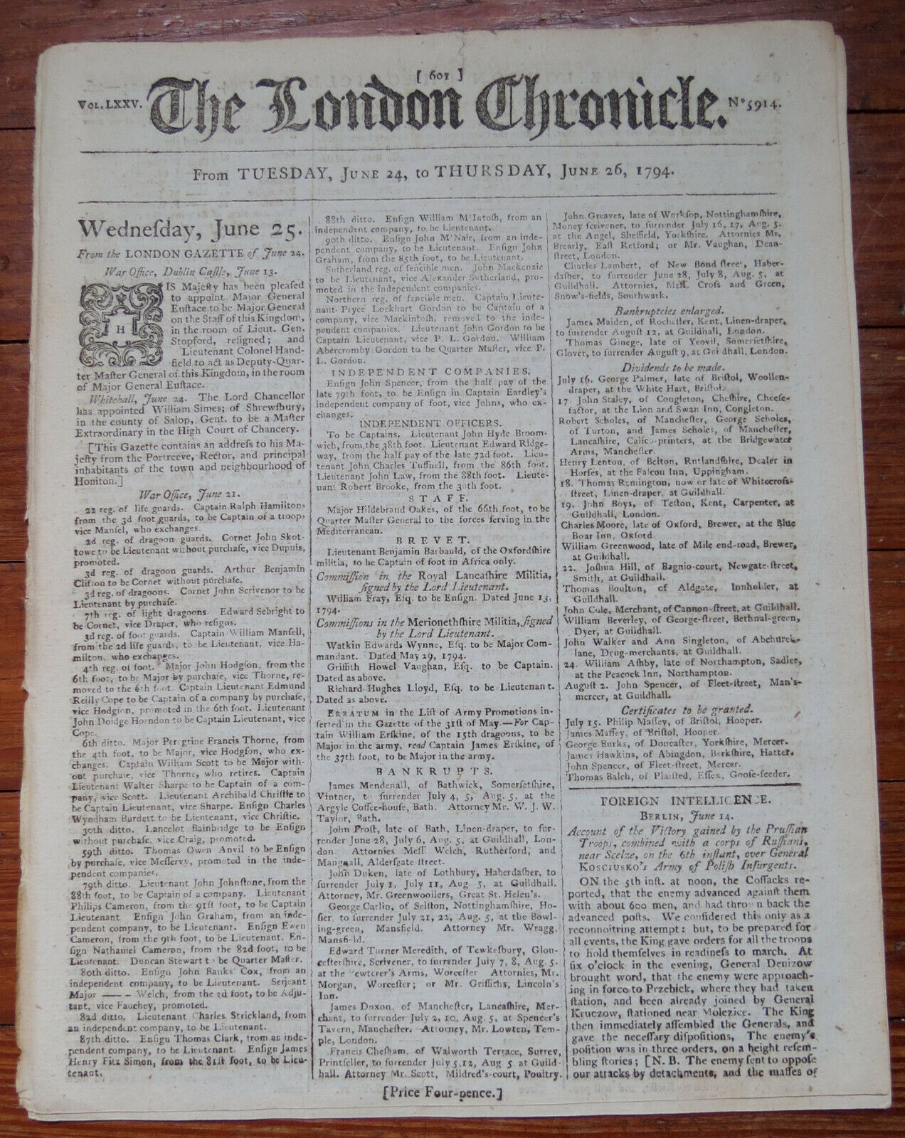 THE LONDON CHRONICLE NEWSPAPER June 26, 1794 - Siege Of Calvi