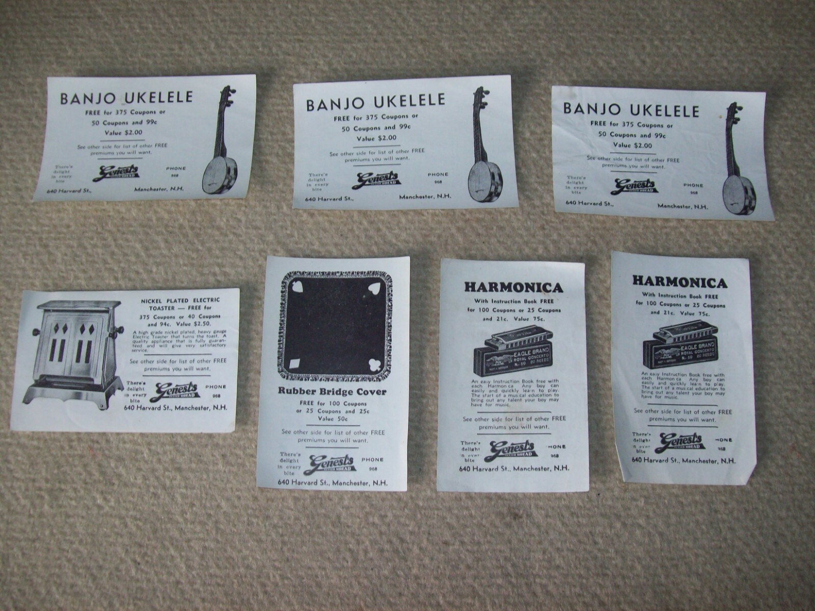 lot of 7 vintage 1930's coupon Genest's Bread Manchester NH Banjo  ukelele
