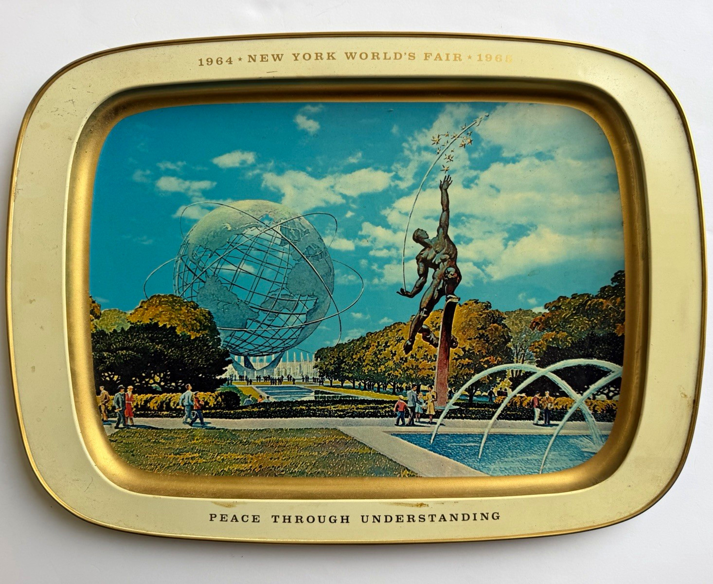 Vintage 1964-65 NY World’s Fair Unisphere Steel Tray Rocket Thrower 21.5”x 15.5”