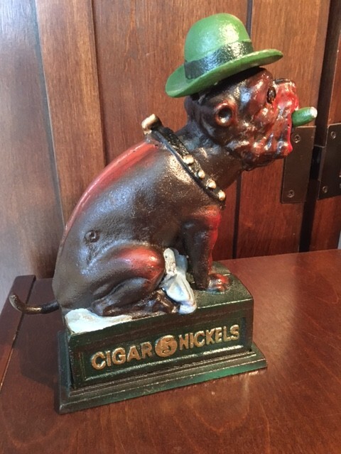 VINTAGE OLE PUFFER NICKEL CIGAR DOG CAST IRON MECHANICAL COIN BANK 5 POUNDS