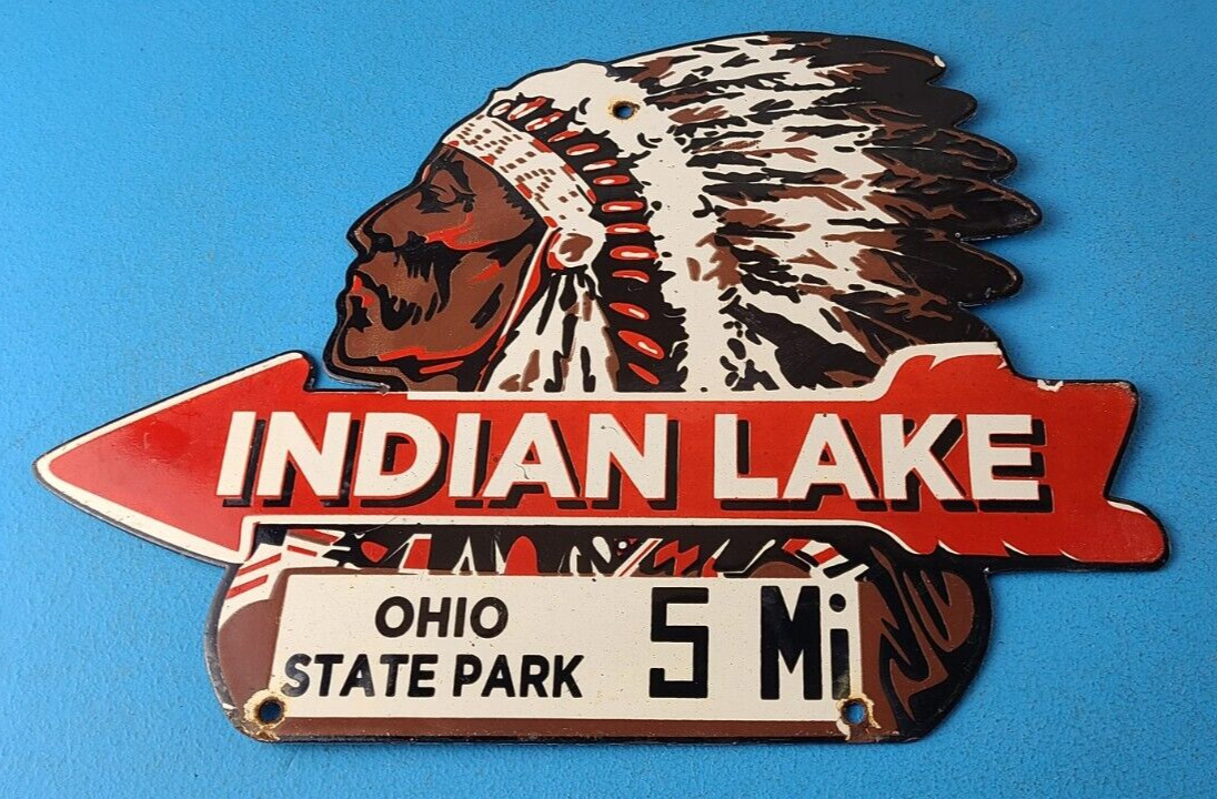 Vintage Indian Lake Sign - State Park, Gas Motor Oil Pump Porcelain Indian Sign