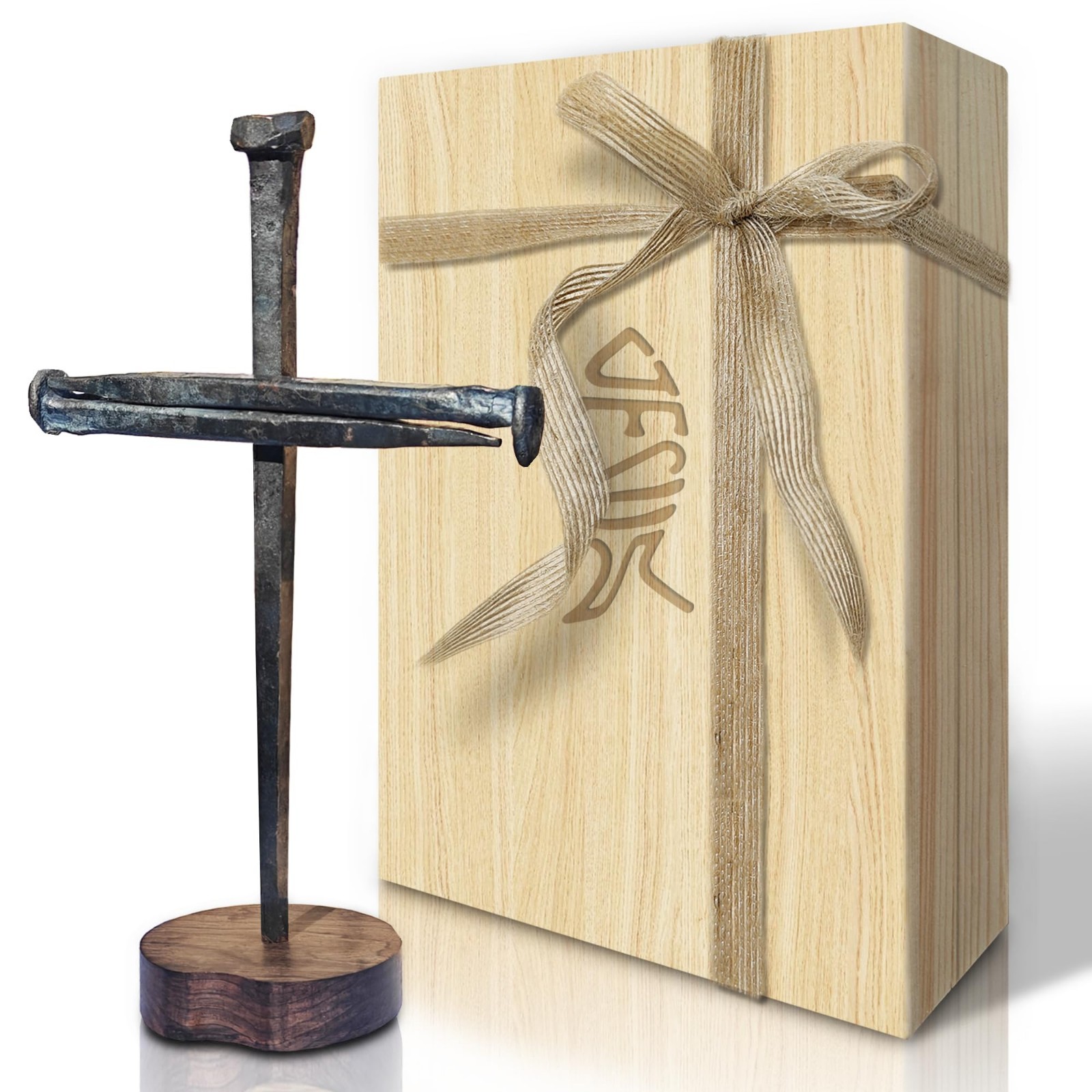 Jesus Christ Crucifixion Nail Metal Cross with Wooden Base - Religious Gifts & C