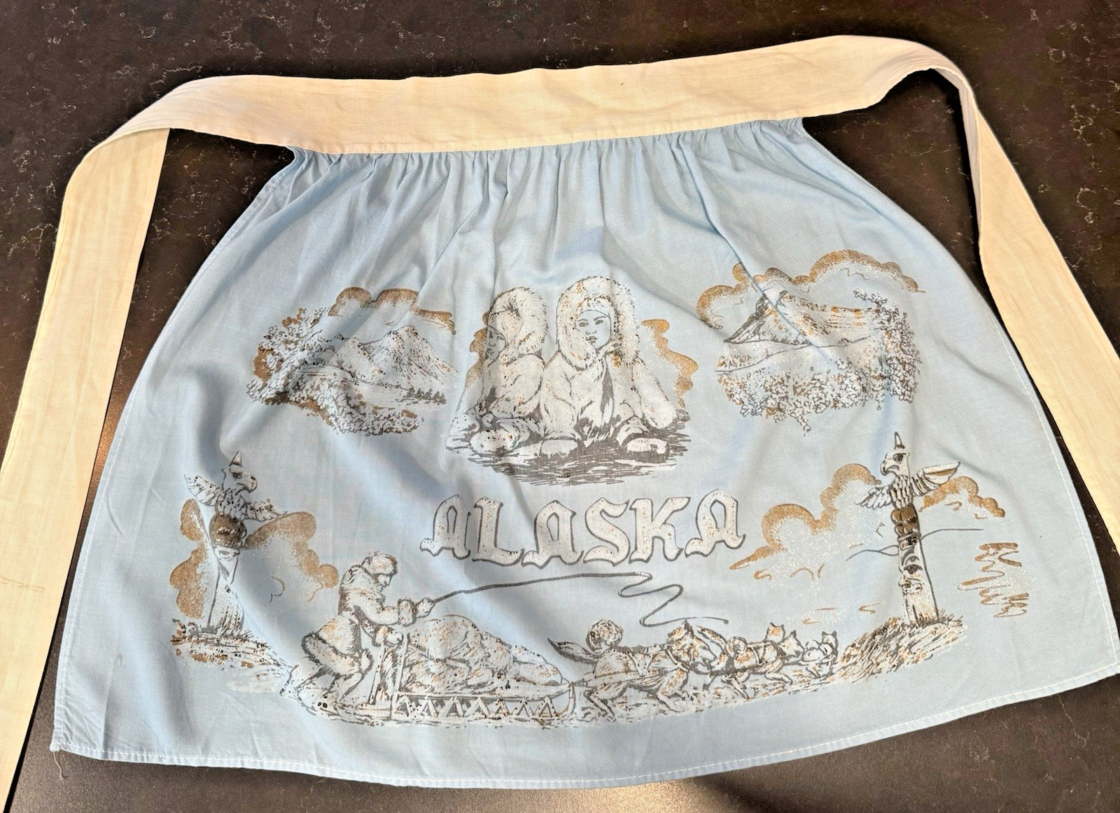 Vintage 1950s Alaska Souvenir Half Apron Light Blue Gold Glitter