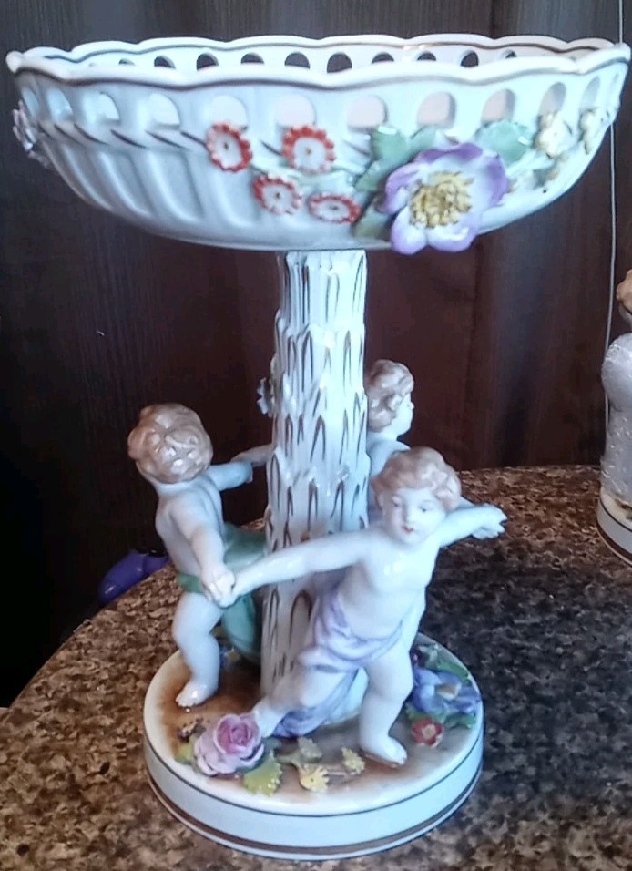 Antique VON SCHIERHOLZ Germany Centerpiece Compote Bowl 3 Cherubs/Putti Dresden