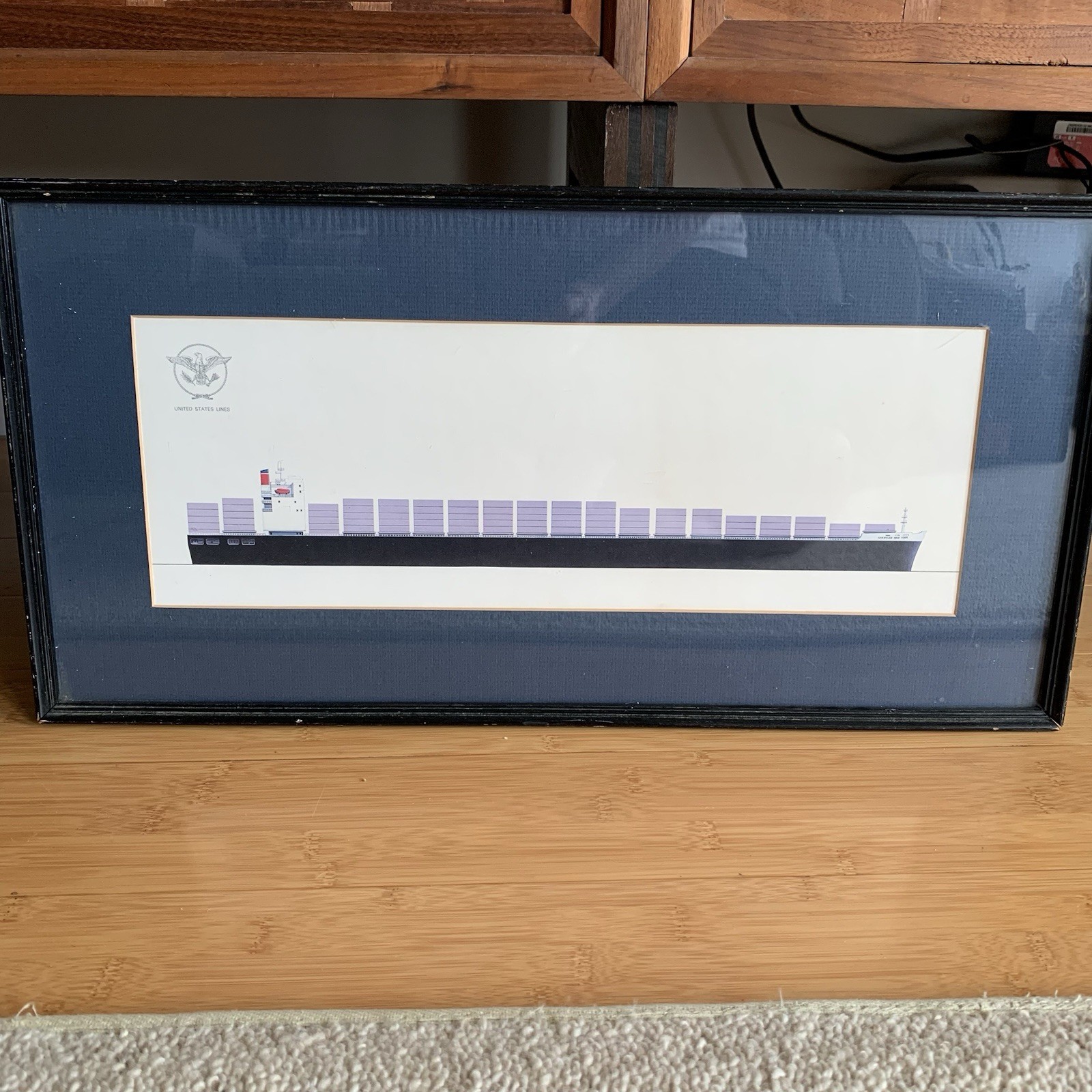 Vintage MCM Official United States Lines Cargo Ship Framed Illustration Print.