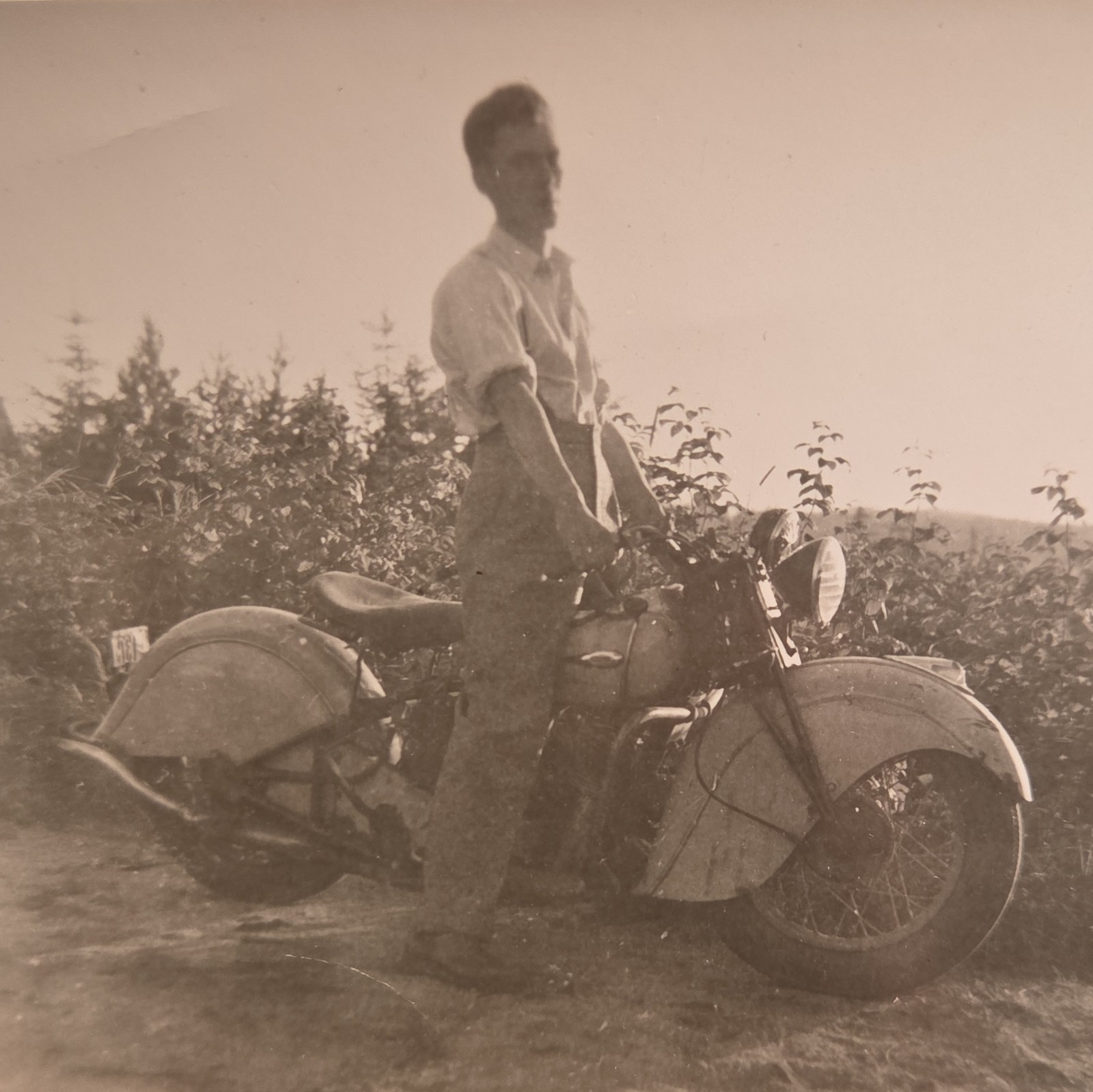 Vintage 1930s Snapshot Photo Man With Pre-war Motorcycle Motorbike Antique