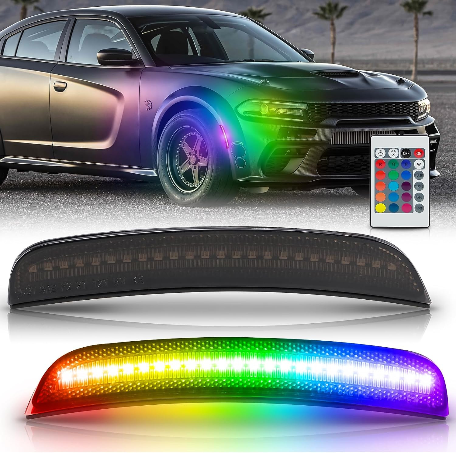 RGB LED Side Marker Lights For Dodge Charger 2015-2023 Front Fender Bumper Side