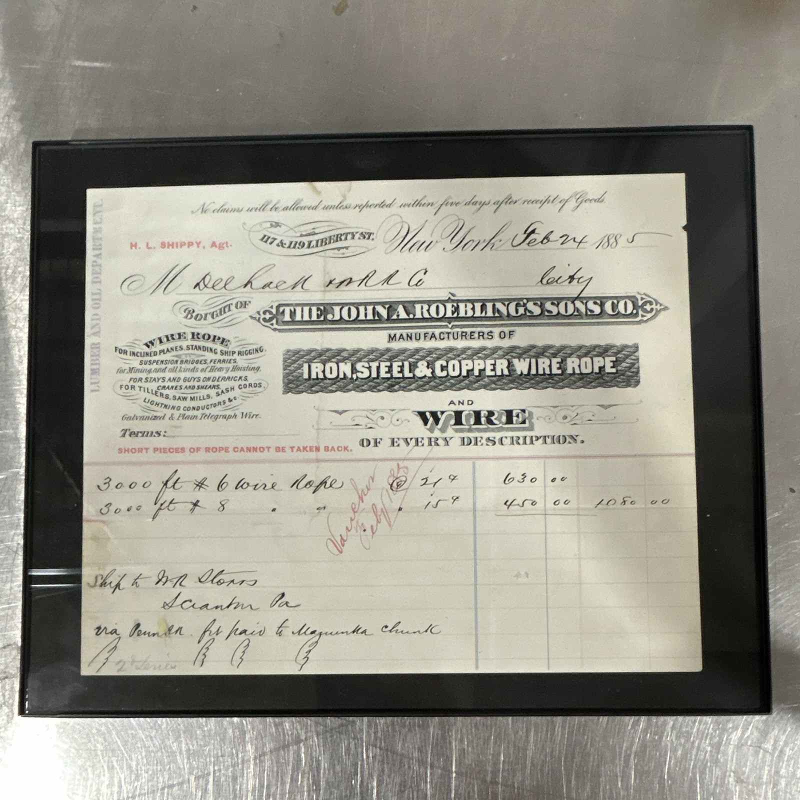 1885 John A. Roebling Wire Rope Order W.R. Storrs Scranton PA Coal Mine Ephemera