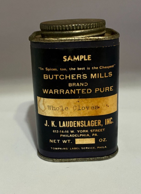Vintage Butchers Mills J.K. Laudenslager Inc PA Cloves Spice Tin Salesman Sample