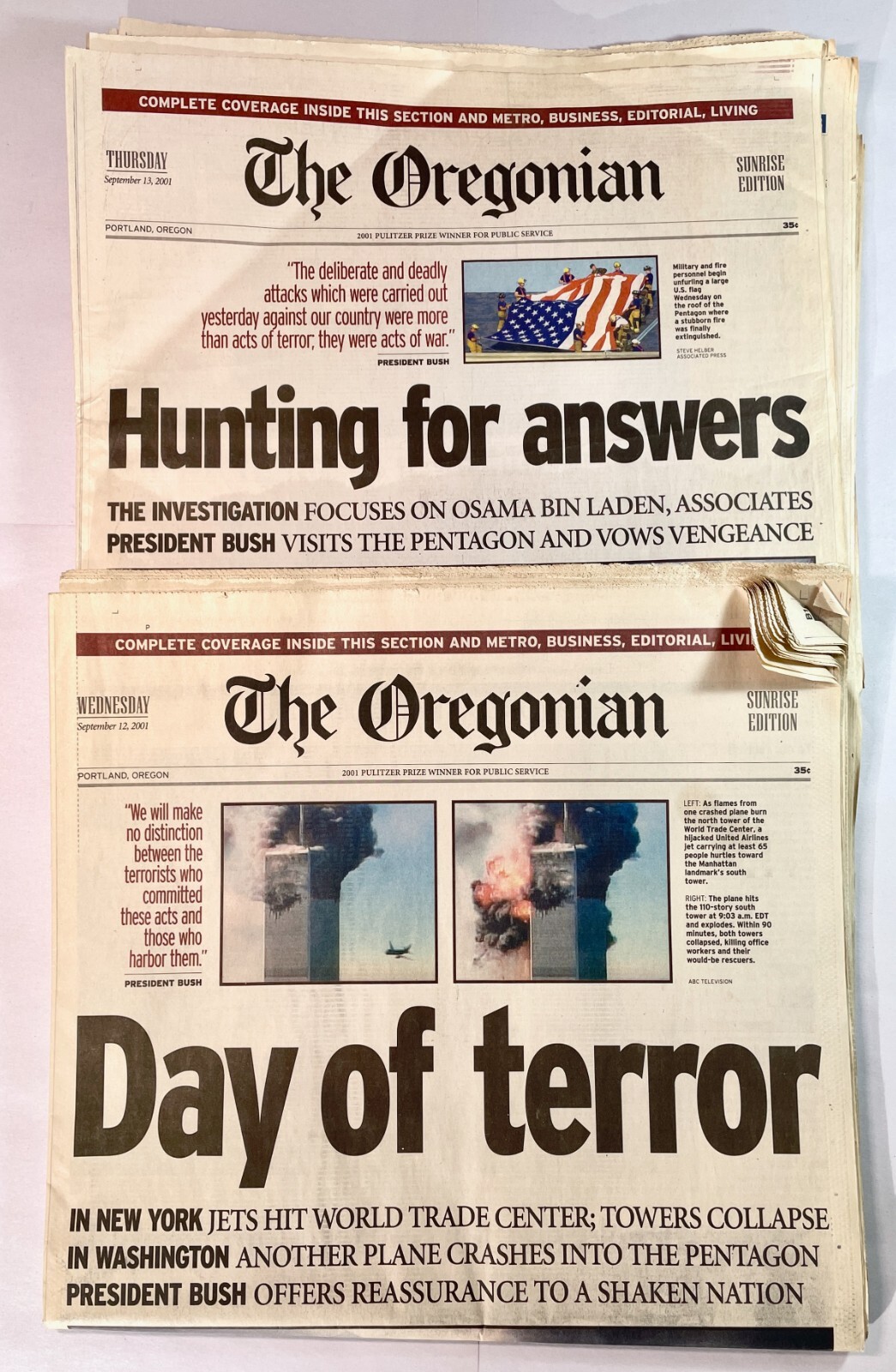 Oregonian Newspapers 9/12/01 & 9/13/01 Northwest COMPLETE 9/11 New York City WTC
