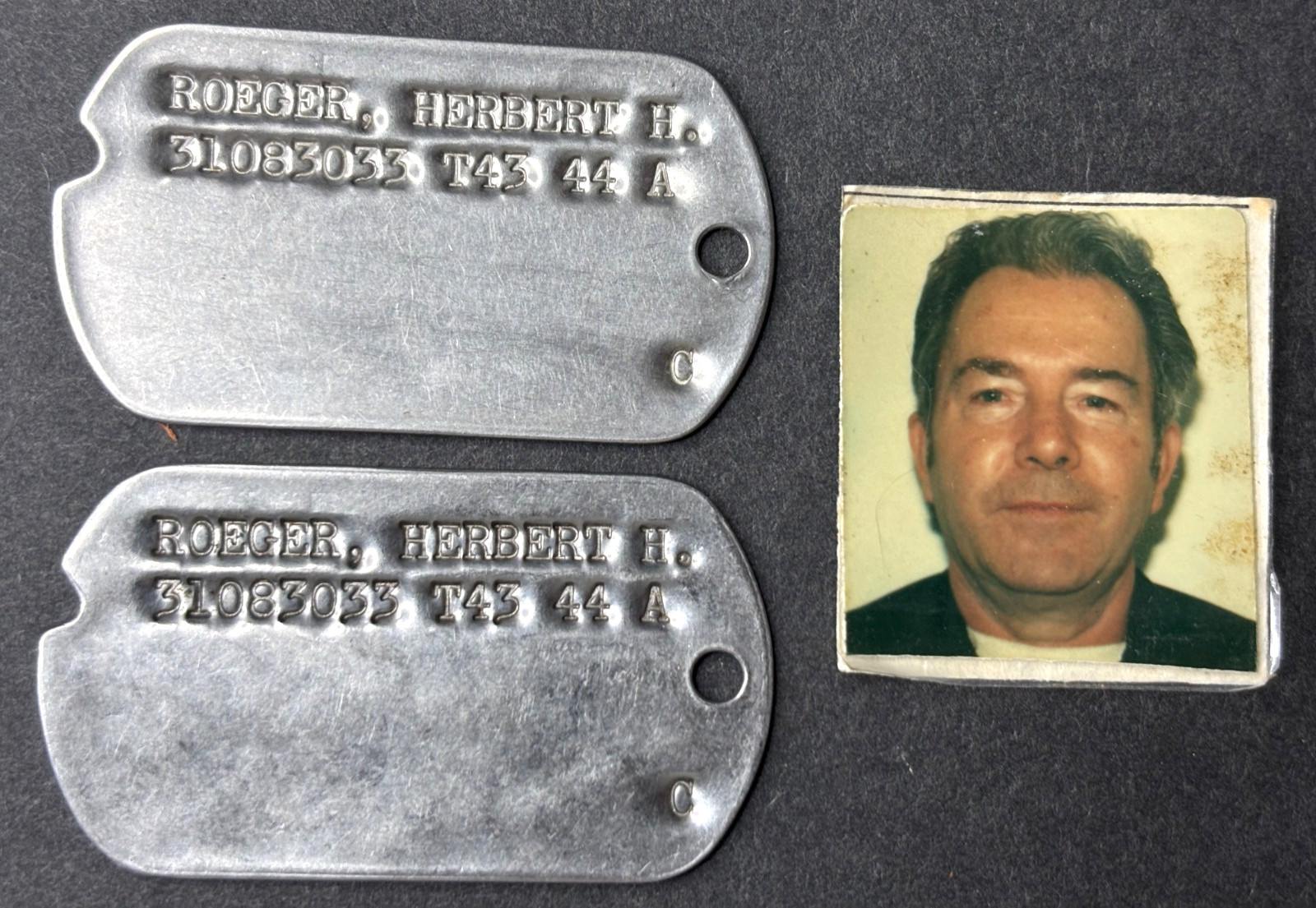 WWII Military Dog Tag Pair 1943 1944 Roeger Herbert H. w/Photo T43-44 A Notched