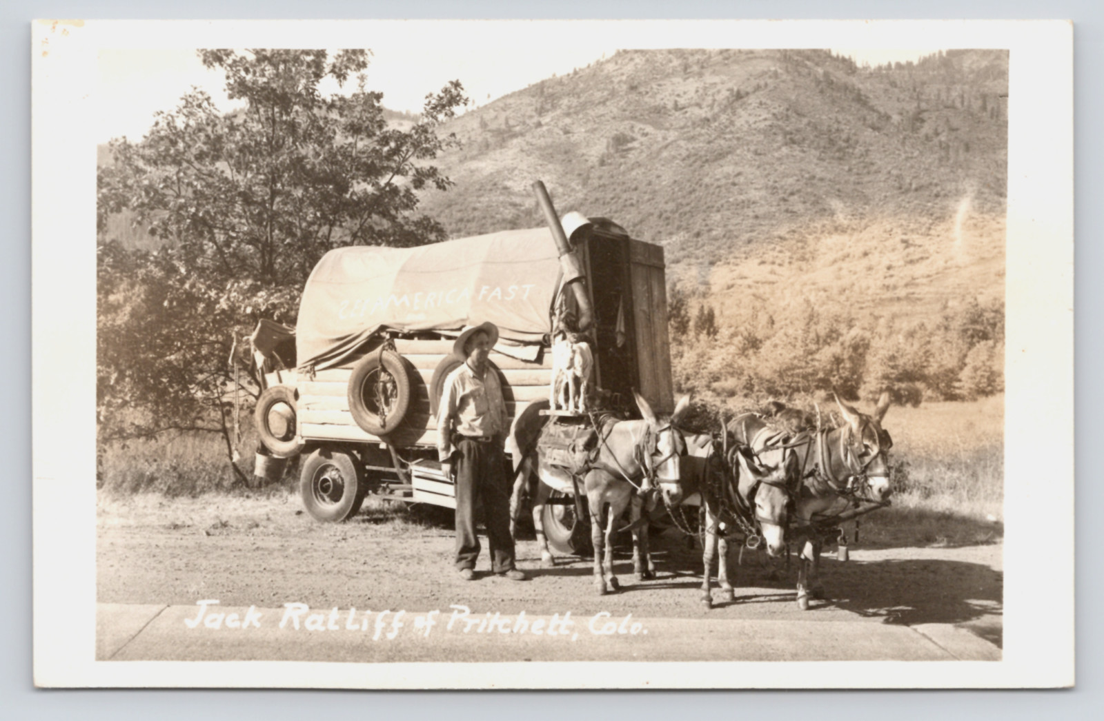 c1940 Jack Ratliff RPPC Pritchett CO Wagon Donkeys Commerce Fast Sign