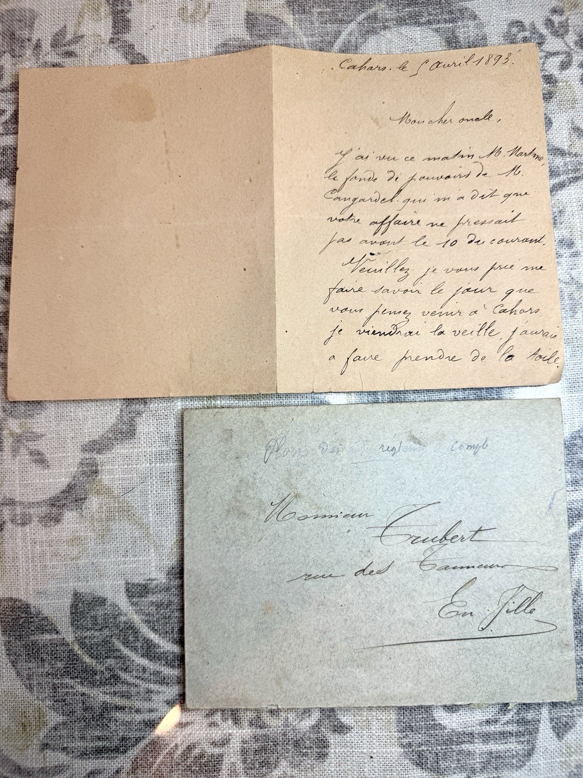 1893 Handwritten French Letter Correspondence Note