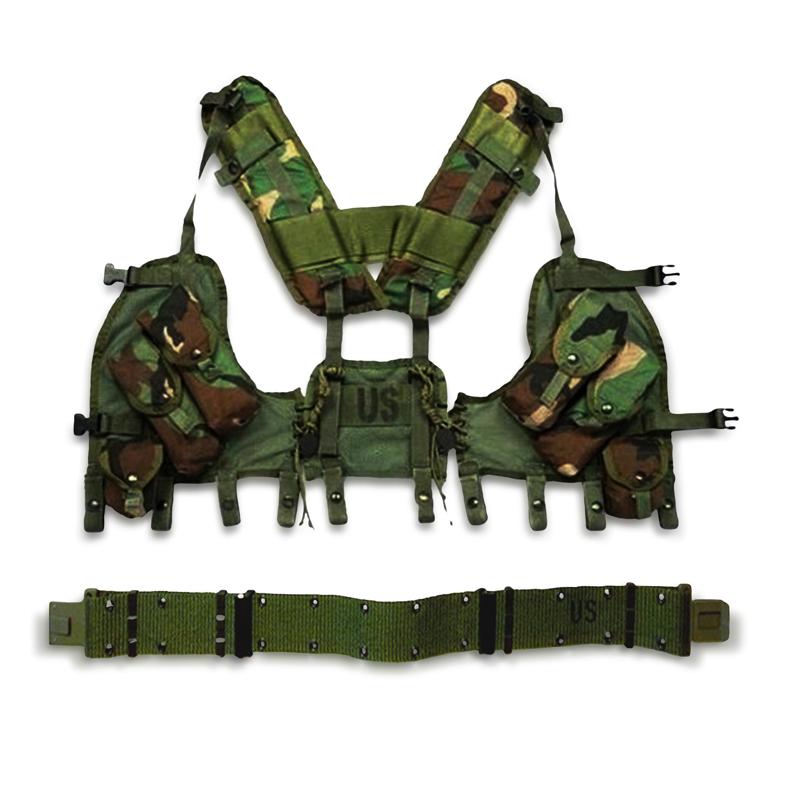 NEW US USGI M81 WOODLAND CAMO BDU ENHANCED LOAD BEARING VEST LBV + PISTOL BELT