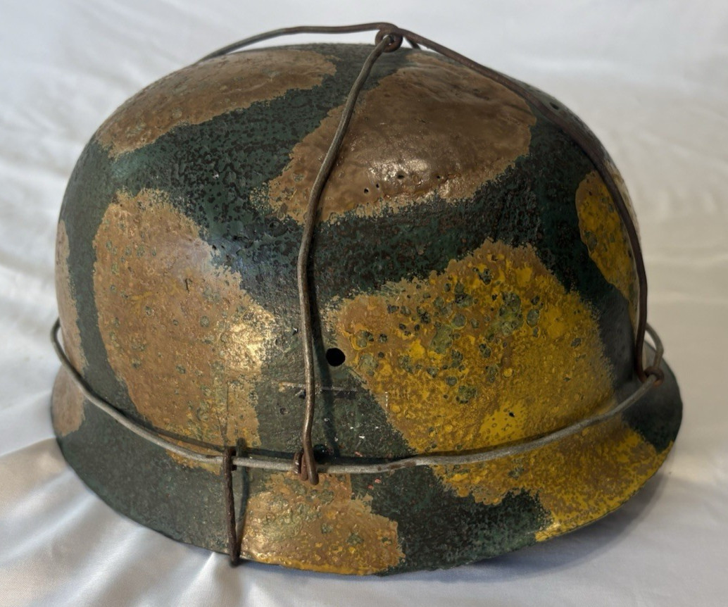 WW2 German Airborne Paratrooper M38 FJ Helmet Camouflage Battle Damage Repair WW2 German Airborne Paratrooper M38 FJ Helmet Camouflage Battle Damage Repair