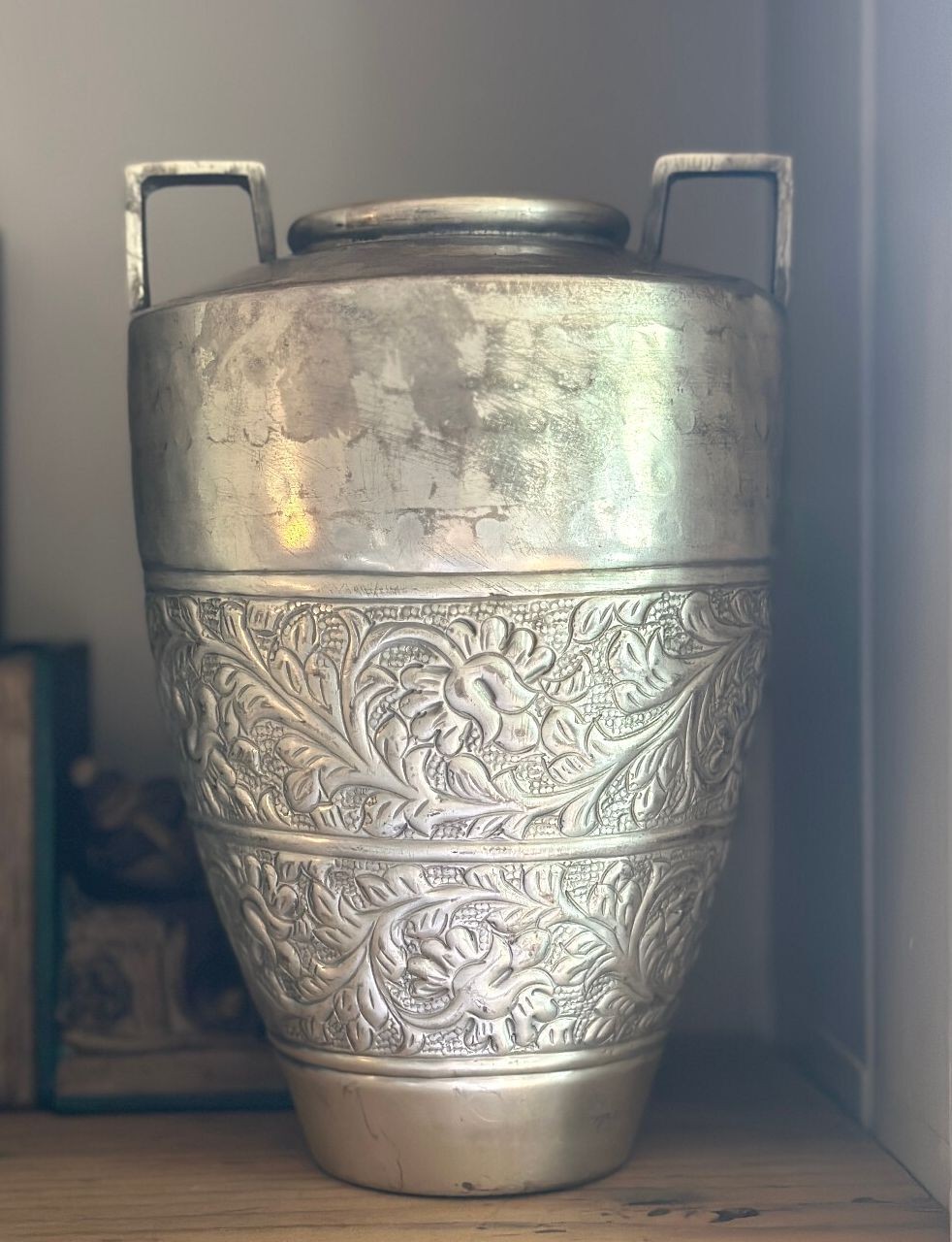 Early 20th Hand Hammered Century Art Deco Repoussé Chased Metal Urn Vase
