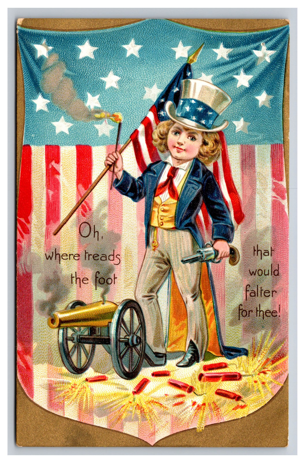 4th Of July Tucks Postcard Embossed Little Uncle Sam With Cannon