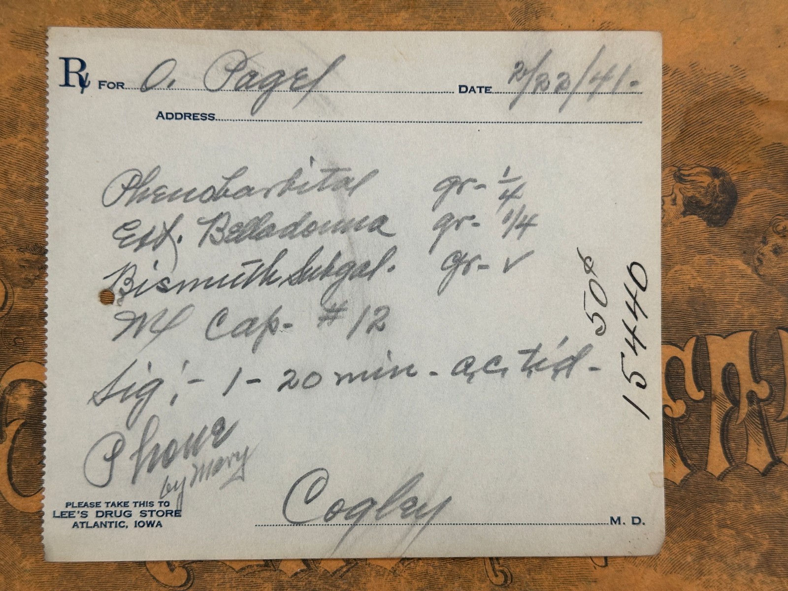 1941 prescription for Erogot (Pil. Ergotini) - Dr. John Simpson Omaha, NE