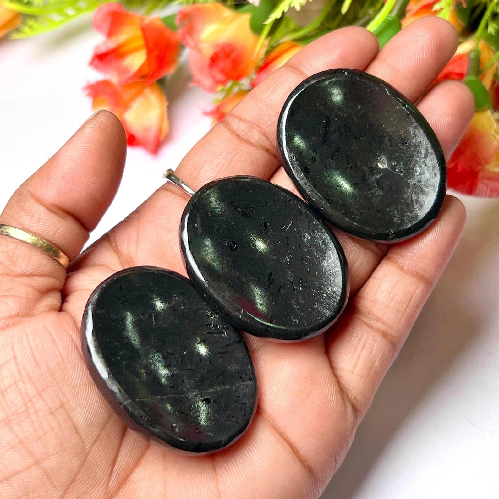 3PCS AAA Black Tourmaline Worry Stone Healing Reiki Palm Stone Crystal Decor