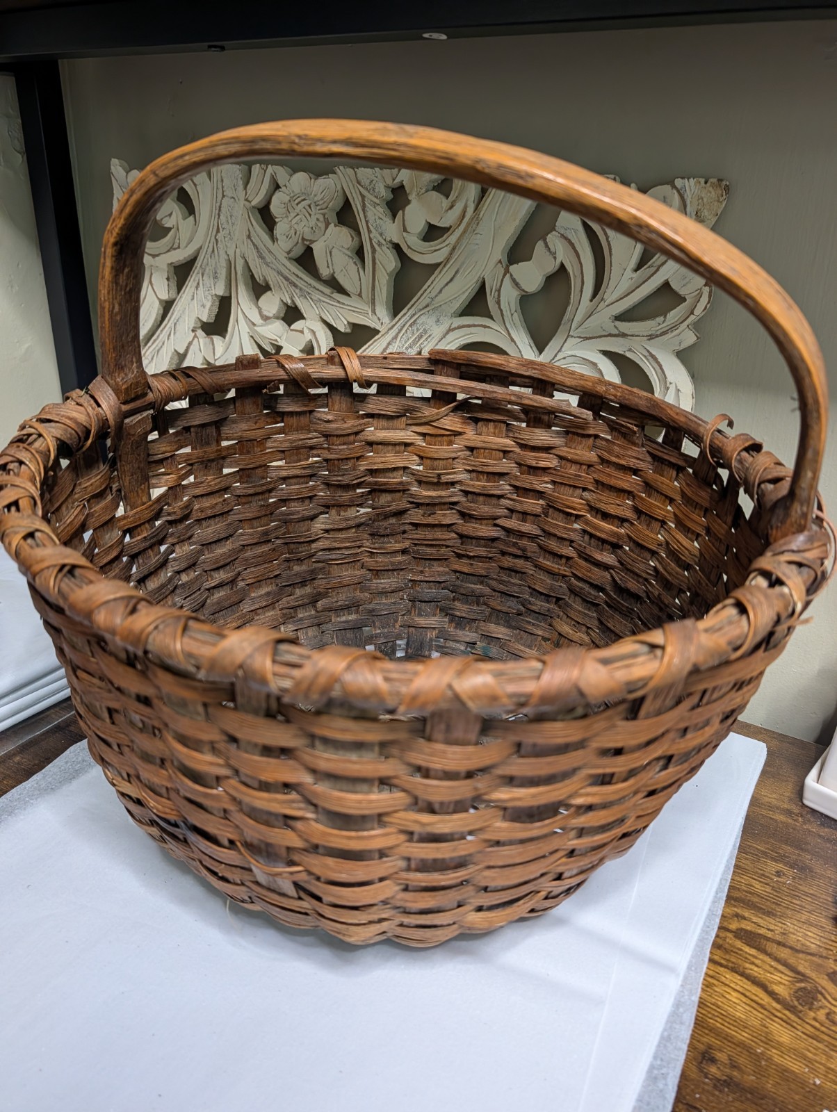 Large Basket Primitive Gathering  Solid Handle 15 X 16 Inch Antique C1800s 