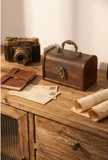 Vintage Wooden Storage Box with Carved Handle, Retro Treasure Chest for Jewelry