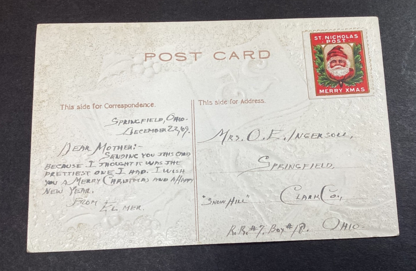 Antique 1909 Embossed Christmas Post Card St. Nicholas Charity Stamp Used 