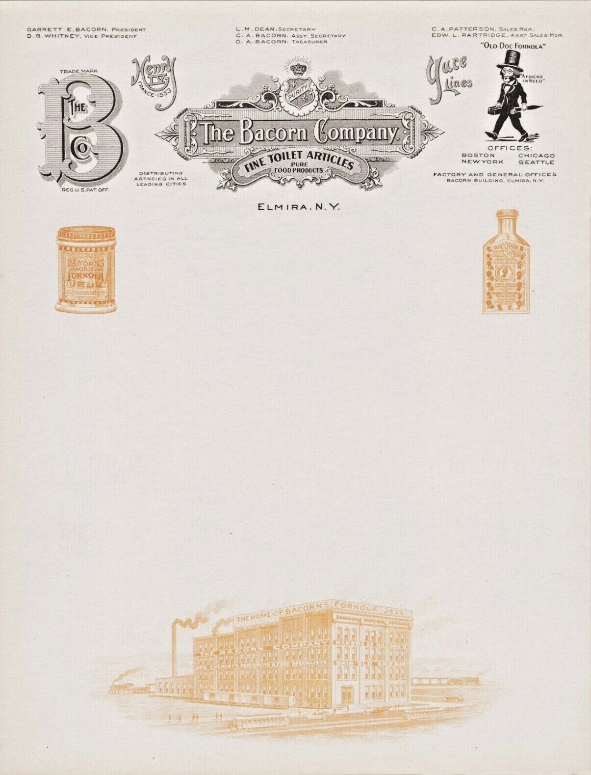 THE BACORN COMPANY - 1917 letterhead  Old Doc Forkola - beauty products Elmira