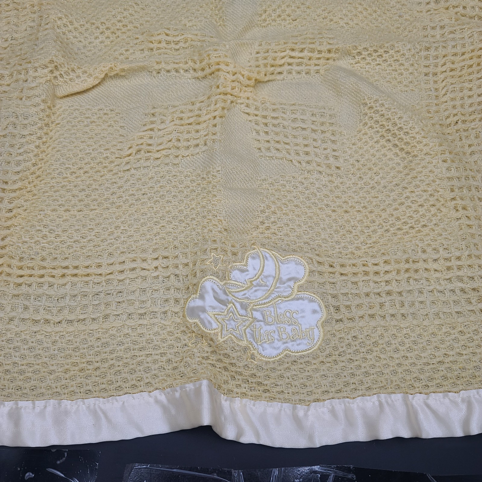 Vintage Baby Blanket Waffle Weave satin Lovey trim bless this baby Harvest Gold