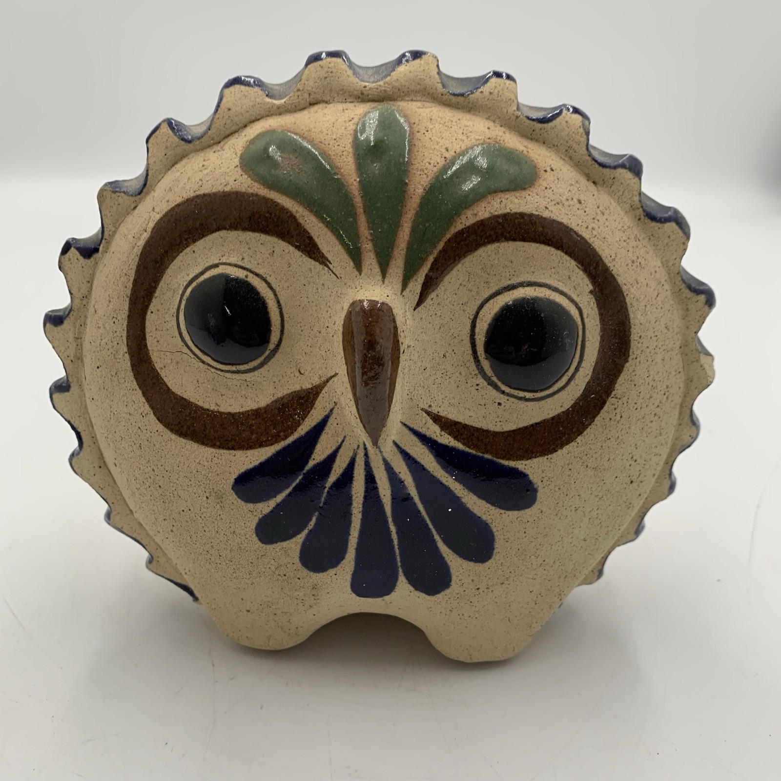 Mexican Tonala Pottery Owl Handpainted Floral Design Scalloped Border
