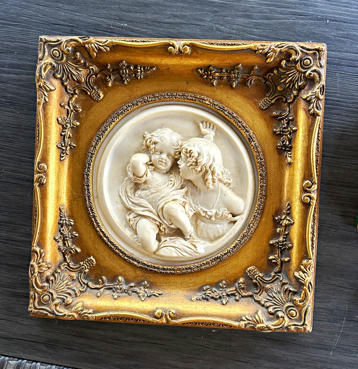 Antique Gold Metal Square Cherub Relief Wall Plaque Hanging, Gold/White