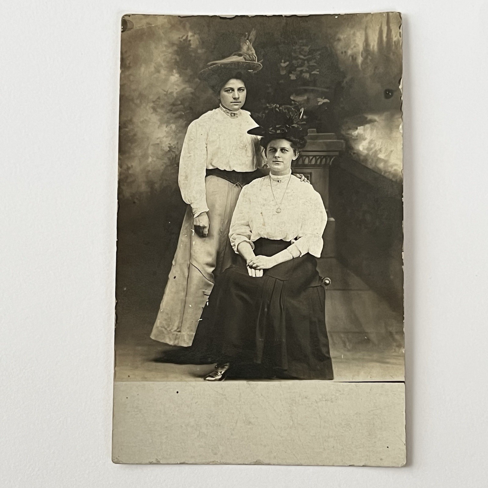 Antique RPPC Real Photograph Postcard Beautiful Affectionate Young Women Big Hat