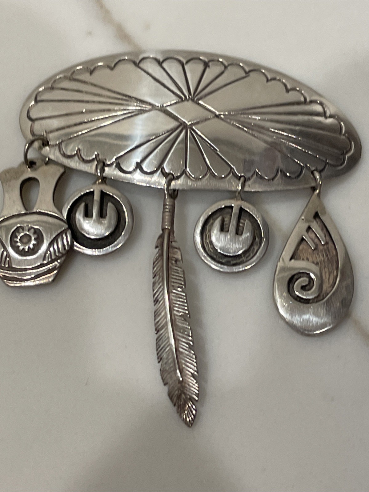 Vintage Hopi Silver Overlay Pin/Brooch with Charms Signed by Artist K.J