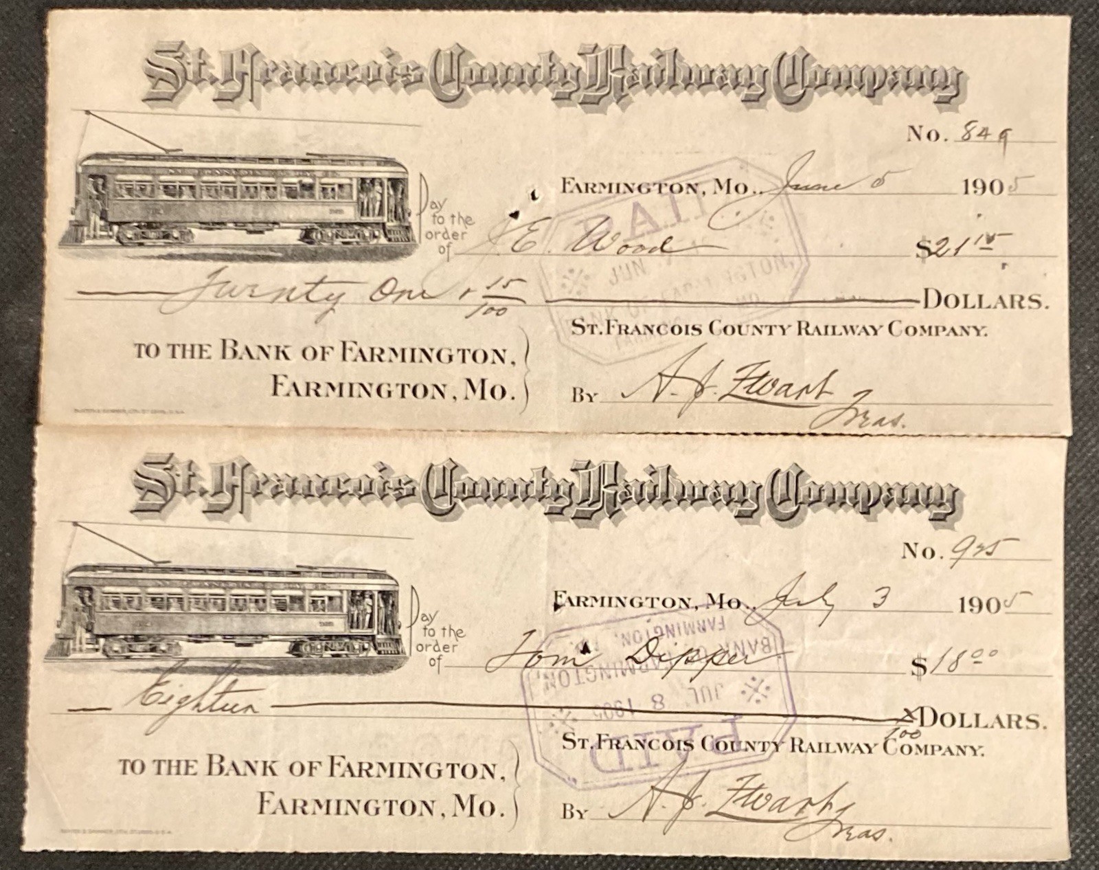 St. Francois County Railway Company 1900\'s  Checks Set of 2 Farmington, MO