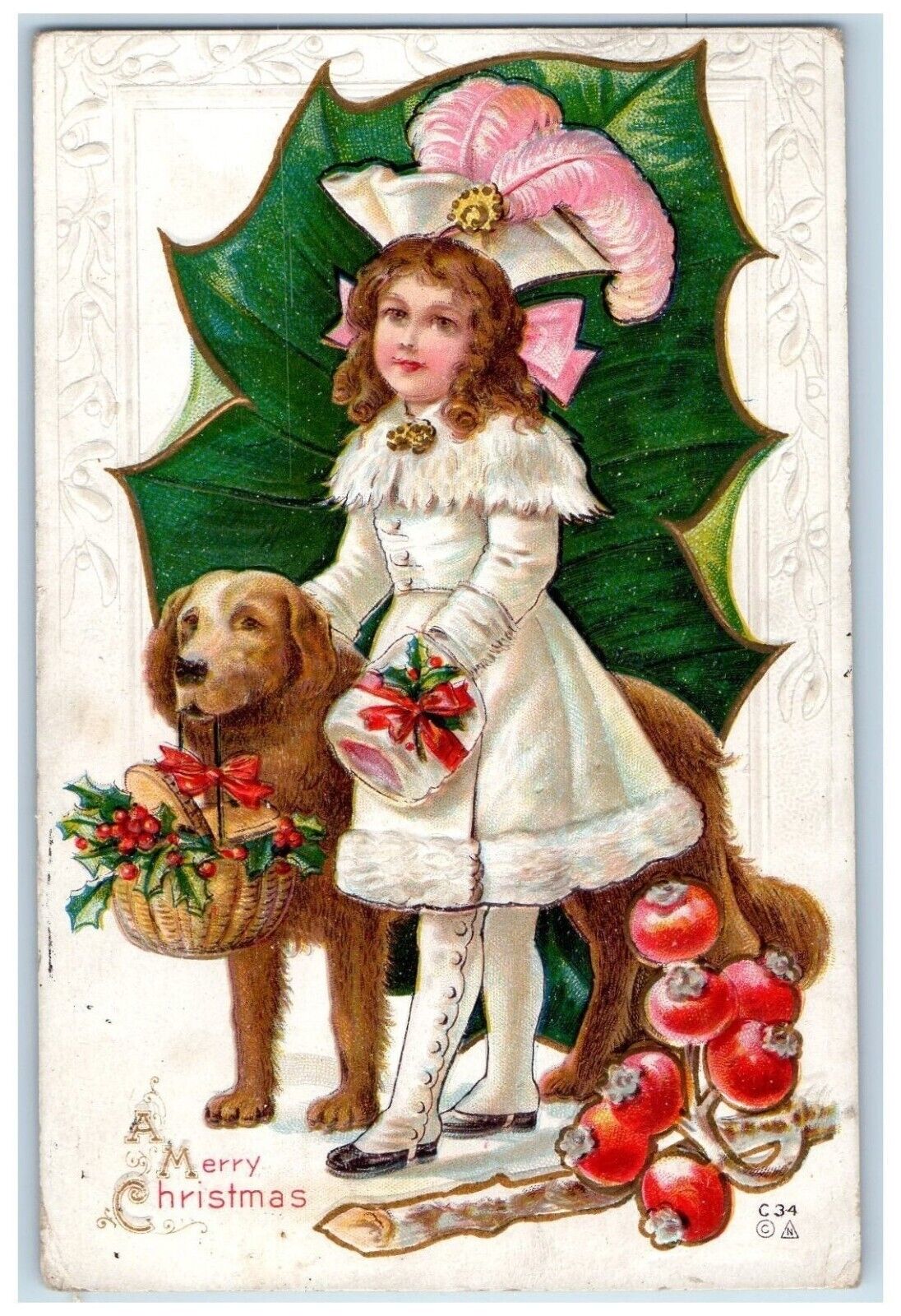 c1910's Christmas Holly Leaf Berries Girl Labrador Ratriever Embossed Postcard