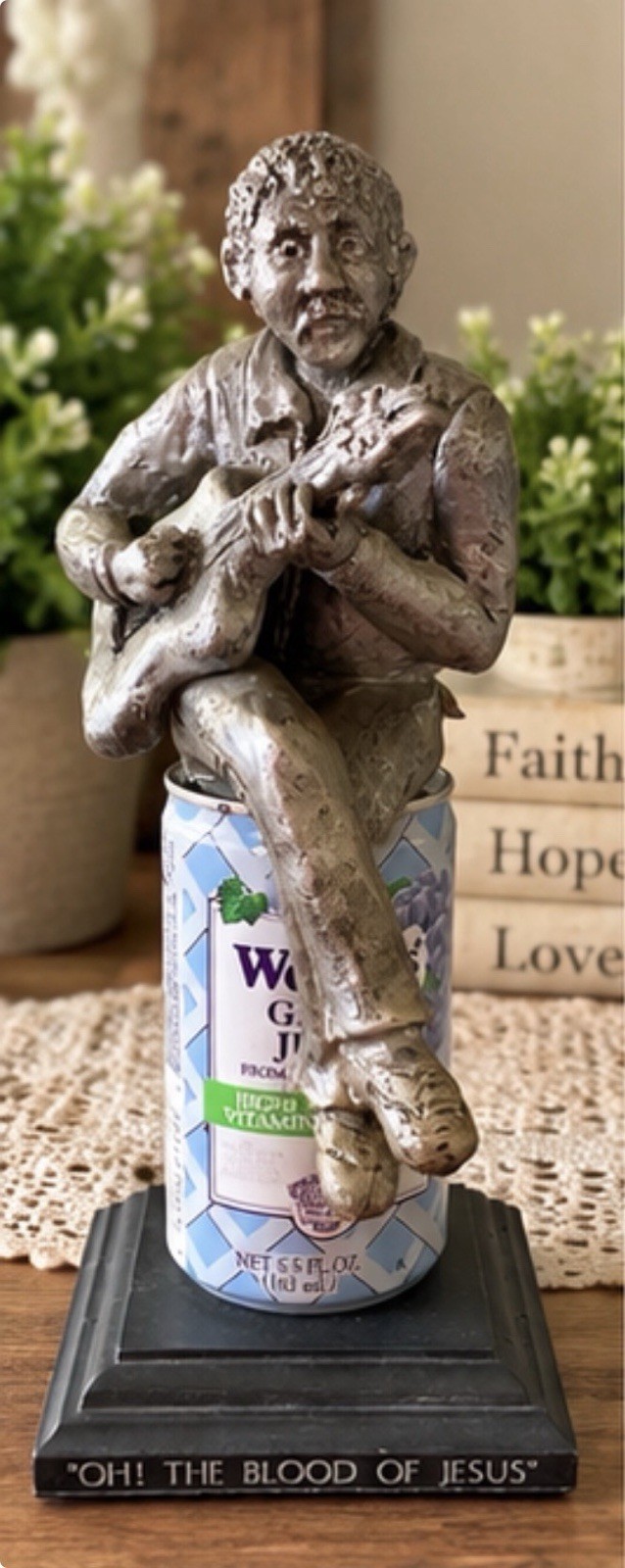 Vintage Figurine Oh The Blood Of Jesus Guitarist Welchs Grape Juice Can Folk Art