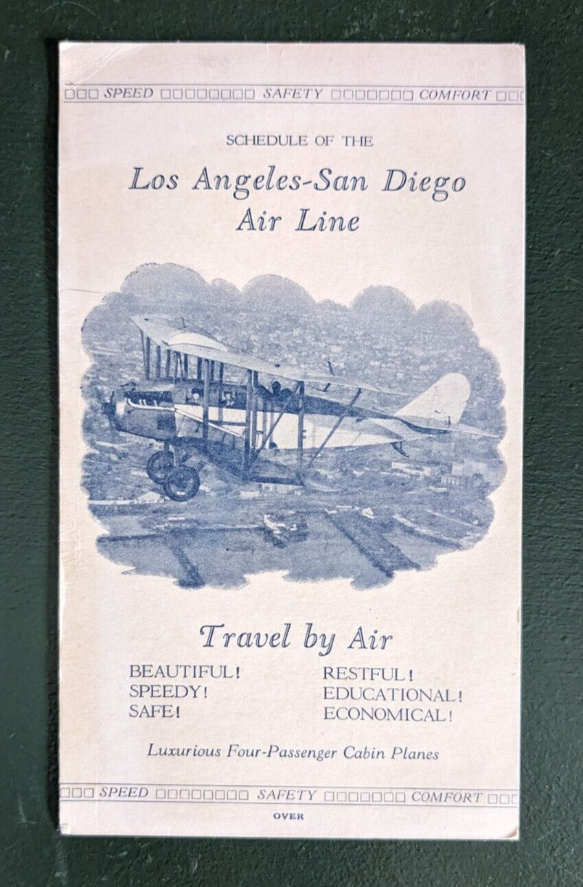 RARE 1920s Los Angeles-San Diego Air Line Schedule ~ Timetable Fares ~ Lindbergh