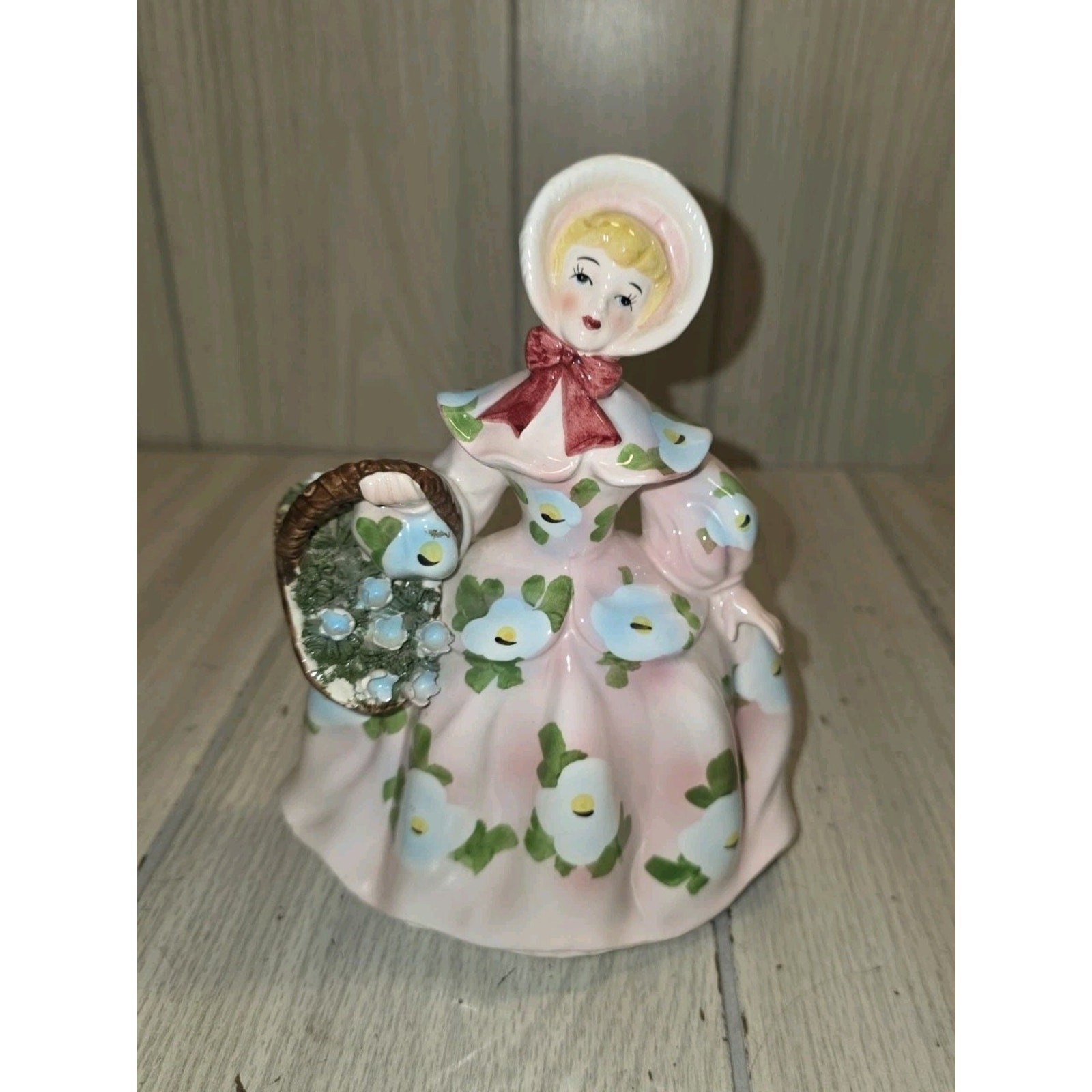 Vtg 1959 Relpo Flower Girl Basket Planter Samson Import Pink Dress Blue Flowers