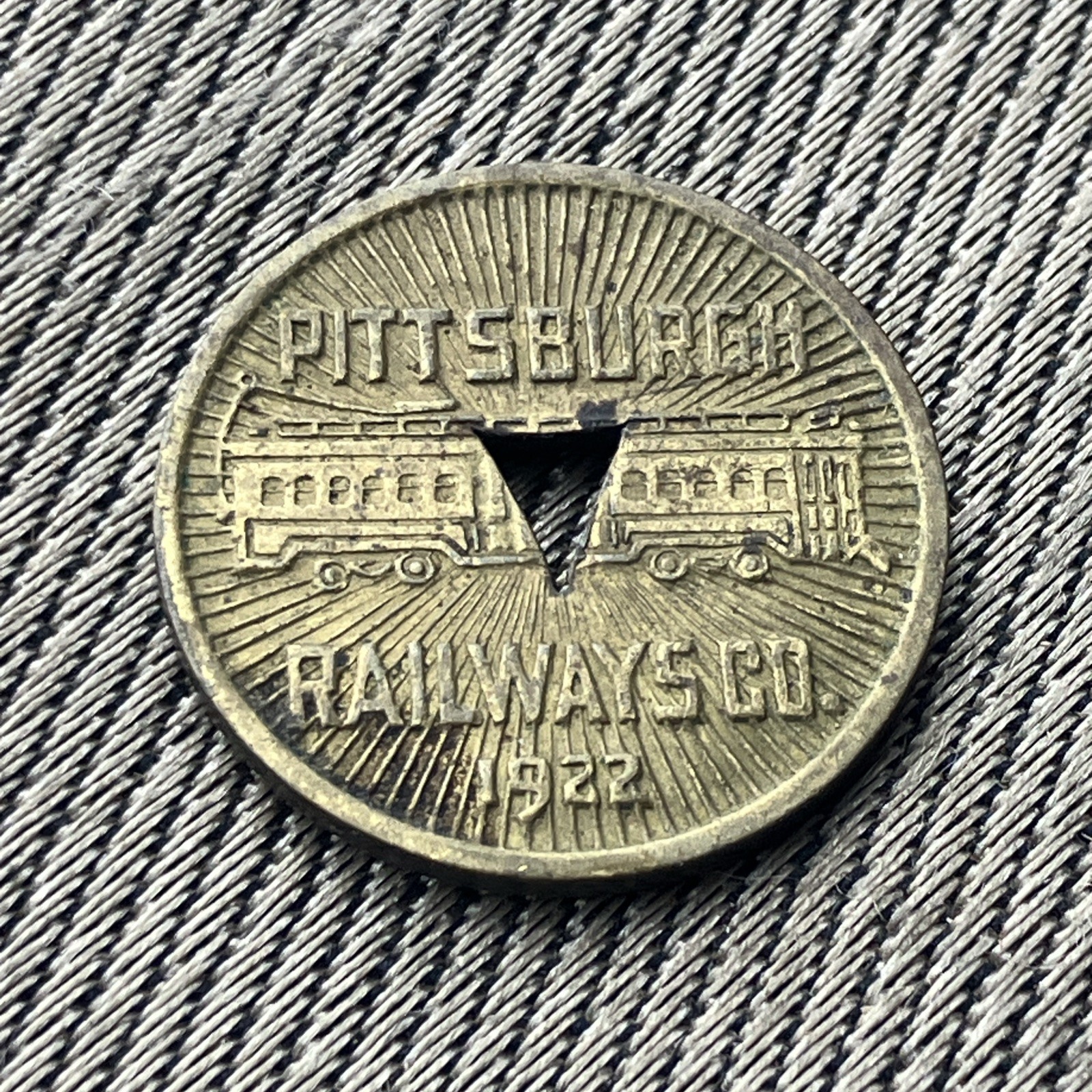 1922 Pittsburgh Railways Co Transit Token Trolley Streetcar Fare Triangle Cutout