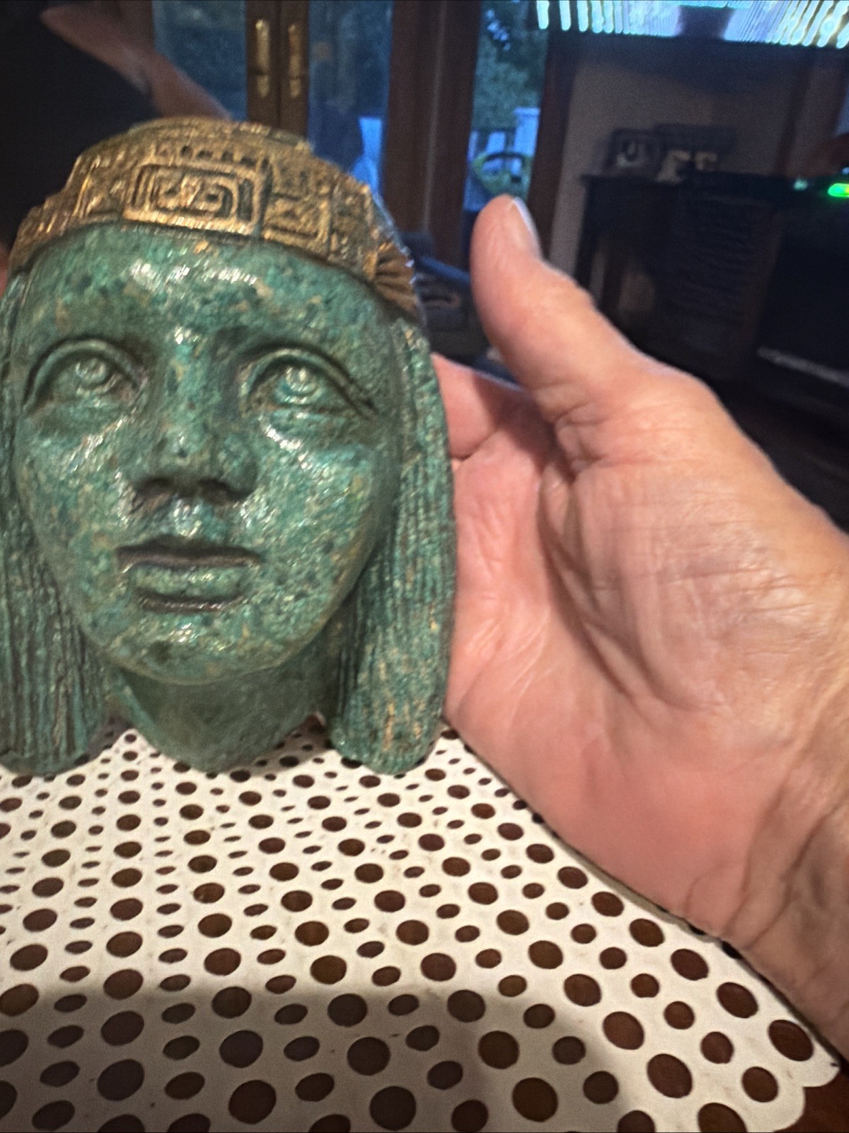 Vintage Mayan Aztec Revival Wall Plaque Green Stone Composite Head Sculpture